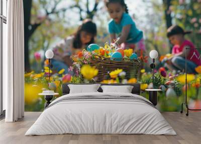 Easter egg hunt in a park with children searching for eggs, colorful baskets, and spring flowers blooming. Wall mural