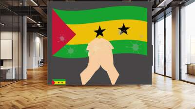 Praying hands with Covid-19 or novel coronavirus stained on the National Flag of the São Tomé and Príncipe, Pray for São Tomé and Príncipe, Save São Toméan people concept, sign symbol backg Wall mural