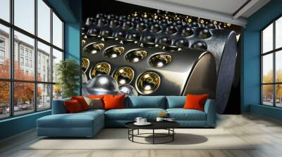 Close Up Modern Abstract Iron and Gold 3D Rendered Dimpled Tubes over Black Background Wall mural