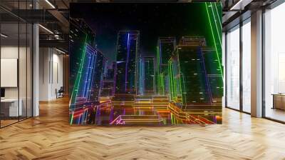 Futuristic Abstract Neon Cyber City Ground Level View. 3d Illustration. Wall mural