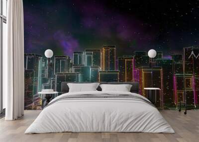 Futuristic Abstract Neon Cyber City Skyline/ #d Illustration. Wall mural