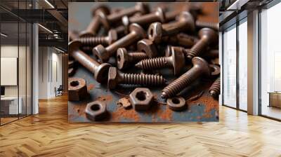  A collection of rusted nuts and bolts on a weathered surface Wall mural