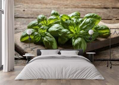  Fresh basil leaves on a wooden cutting board Wall mural