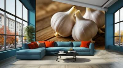  Fresh garlic bulbs on a rustic wooden surface Wall mural