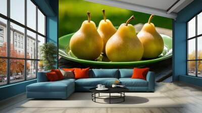  Fresh pears on a green plate ready to be enjoyed Wall mural