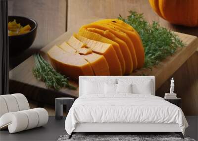  Freshly sliced pumpkin on a wooden board ready to be enjoyed Wall mural