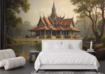  Tranquil Temple by the Lake Wall mural