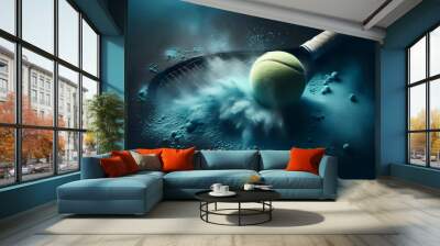 Dynamischer, gelber Tennisball mit Tennisschläger und blauem Hintergrund, copy space Wall mural