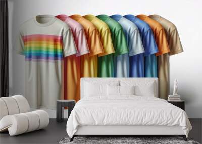 Kleidungsstücke, T-Shirts in verschiedenen Farben, mit einem weißen Wandhintergrund und einem minimalistischen, modernen Design Wall mural