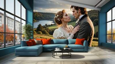 A handsome rich count and his beautiful lady love sharing a loving intimate moment together in a romantic scenic countryside. Couples, lovers embracing each other, in Victorian era period romance. Wall mural