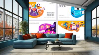 Back to school. Online learning. Start. Set of templates for banner, presentation, landing, sale, poster. Vector cartoon illustration. Wall mural