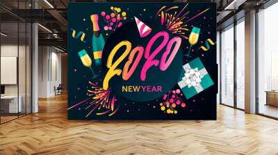 Colorful vector banner for the new year 2020. Party invitation template. Cartoon illustration. Handwritten lettering. Colorful card. Wall mural