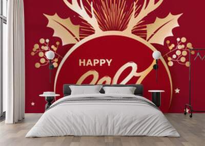 Happy New Year 2021. Deer antlers, branches and fireworks. Vertical template for invitation, cover, poster, banner, flyer, card. Gold decoration on a red background. Vector illustration. Caligraphic  Wall mural