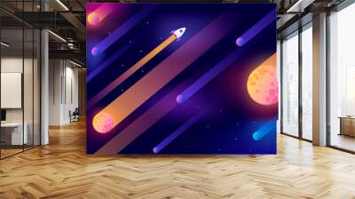 Horizontal space background with abstract shape and planets. Web design.  Falling asteroids. Space exploring. Vector illustration.  Wall mural