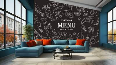 Set of flat hand drawn isolated vegetables on a black background. Vector illustration. Cooking time. Sketch style. Fresh organic food. EPS 10.	 Wall mural