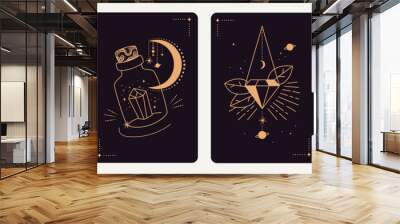 Set of mystical templates for tarot cards, banners, flyers, posters, brochures, stickers. Hand-drawn. Cards with esoteric symbols. Silhouette of hands, planets, stars, moon phases and crystals. vector Wall mural