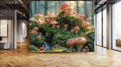 a lush green forest with a variety of red and orange mushrooms of all sizes. there is a bright light Wall mural