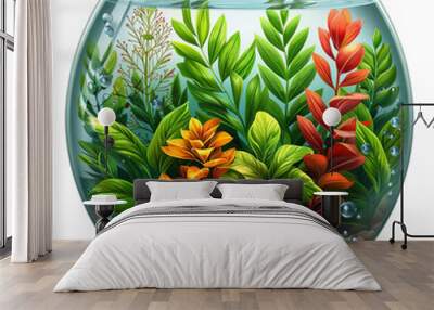 A vibrant and colorful aquatic plant display inside a clear fishbowl, showcasing various green and red plants with pebbles at the bottom. This image isolated on transparent or white background, PNG fi Wall mural