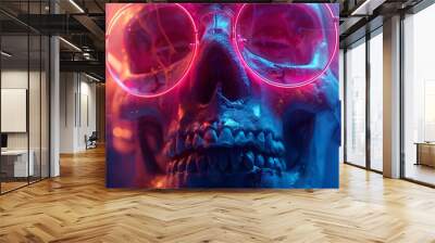 Glowing Neon Skull in Surreal Digital Artwork with Vibrant Colors and Abstract Patterns Wall mural