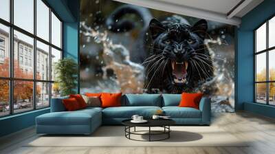 Angry black panther in the water Wall mural