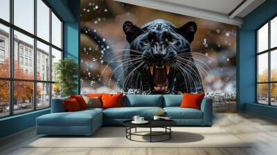 Angry black panther in the water Wall mural