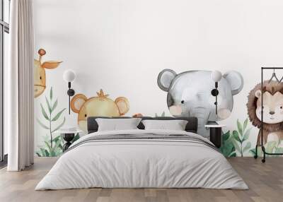 adorable cartoon animals of simple watercolor painting style on white background. Wall mural