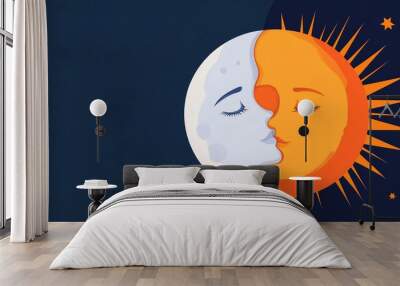 Illustration of the moon and sun with serene faces in a cosmic embrace symbolizing the unity of night and day. Wall mural