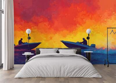 Two boats racing on the ocean at sunset with vibrant orange and purple sky. Wall mural