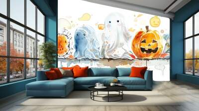 Watercolor image of gold pumpkin ghosts arranged side by side on a white background, representing the October festival.

 Wall mural