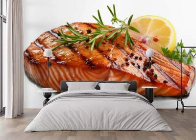 Salmon grilled roast steak isolated on transparent or white background, png Wall mural