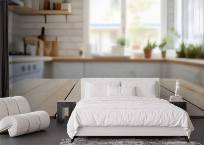 Wooden table on blurred kitchen bench background. Empty wooden table and blurred kitchen background Wall mural