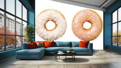 Delicious Donut Set With White Glaze And Toasted Crunchy Coconut Flakes On Isolated Background Wall mural