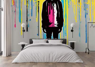 Full Length Young Adult Character Illustration | Concept Art | Grunge Elements | Splash Effect | Multicolor Spatter Brush Background Design | Silhouette ClipArt | Sinister Composition Wall mural