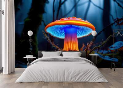 A bright orange mushroom with blue spots sits on a mossy log Wall mural