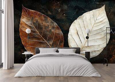 Two leaves, one brown and one white, are displayed on a dark background Wall mural