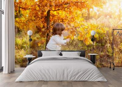 Adorable little girl wearing beige coat among autumn trees. Autumn forrest walk. Golden autumn time Wall mural