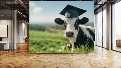 Here is the phrase in lower case:

an adult cow wearing a graduation cap standing on a pasture with blue sky and white clouds in the background Wall mural