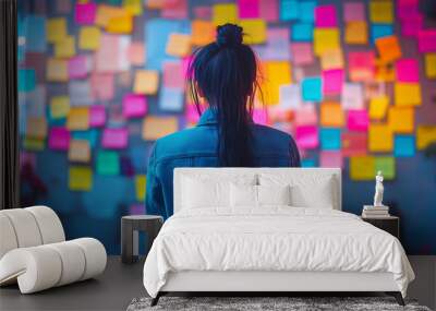 Back view of a thoughtful woman looking at sticky notes on wall in the office, a woman on the background of a wall of stickers, Creative brainstorming session with colorful sticky notes on glass.  Wall mural