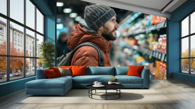 Close up rearview photography of a man in a supermarket or grocery store looking at the shelf full of products, comparing prices and choosing what to buy, male customer behavior in a grocery shopping Wall mural