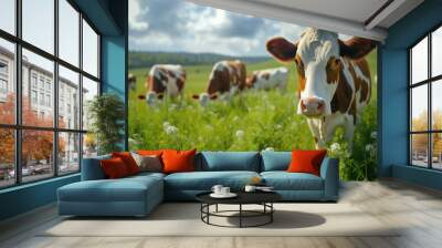 Cows herd on a grass field during the summer at sunset. A cow is looking at the camera sun rays are piercing behind her horns. Black and white cows in a grassy field on a bright and sunny day.  Wall mural