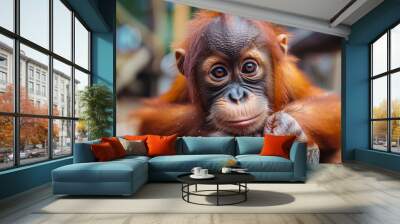 Cute monkeys and where they life in nature. A cute monkey holding a rope against a green background with bokeh lights, showcasing the playful side of wildlife photography. Wall mural