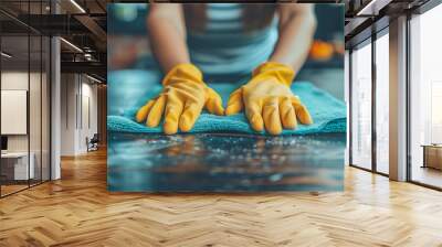 Female cleaner hands in gloves close up, housewife, woman polishing table top with cloths, spray, professional cleaning service working, lady performing home, office duties, tidying up apartment Wall mural