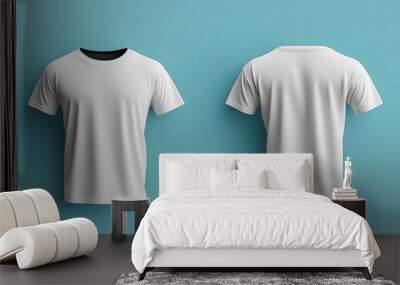 Men's black blank T-shirt template, two sides, natural shape on invisible mannequin, for your design mockup for print, isolated on shop store background. Set Mockup of a white oversized t-shirt 3D Wall mural