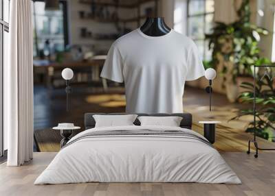 Men's black blank T-shirt template, two sides, natural shape on invisible mannequin, for your design mockup for print, isolated on shop store background. Set Mockup of a white oversized t-shirt 3D Wall mural