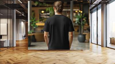 Men's black blank T-shirt template, two sides, natural shape on invisible mannequin, for your design mockup for print, isolated on shop store background. Set Mockup of a white oversized t-shirt 3D Wall mural