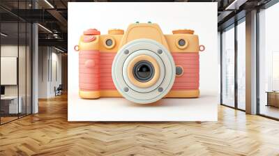 Minimal concept photo camera with lens and button and particle geometry on red pastel background. 3d render. Clay Photo Camera 3d Illustration. 3d style Photo camera photography app icon isolated.  Wall mural