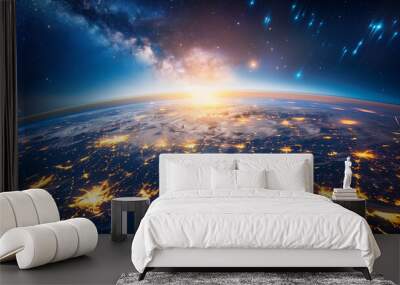 Planet earth from the space at night . 3d render. Planet Earth showcases a mesmerizing spectacle of city lights and clouds from space split between night and day with twinkling stars overhead. Wall mural