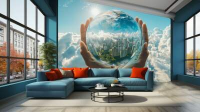 Planet Earth in the hands of a man against the background of the lights of the evening city. Concept and symbol on the theme of ecology, earth conservation. Elements of this image furnished. Wall mural