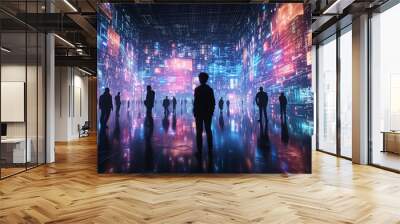 Portrait of amazed young woman in a VR headset explores the metaverse's virtual space. Gaming and futuristic entertainment concept, Man uses metaverse technology in an industrial setting. Neon  Wall mural