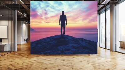 Silhouette man jumping over cliffs for I can do it, good mindset, freedom, good mindset, photo, poster, conceptual art, success, goals  Wall mural